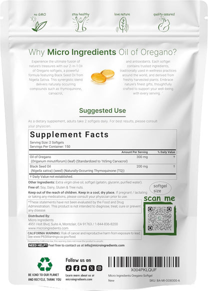 Micro Ingredients Oil of Oregano Softgels, 300 Count | 2 in 1 Formulated with Black Seed Oil | 4X Strength Carvacrol & Thymoquinone | Plant Based, Non-GMO